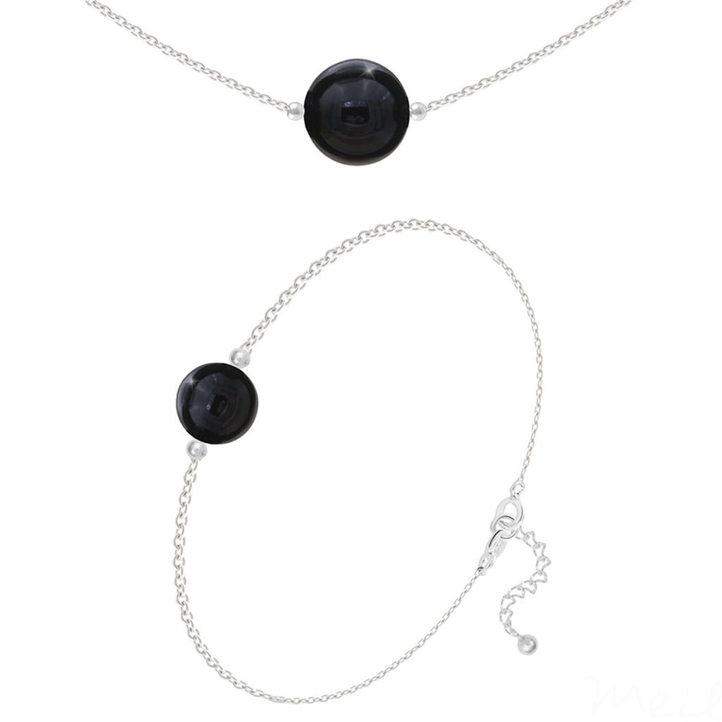 Les Trésors De Lily [R5985] - Handcrafted Silver Set 'Mineralia' Silver Onyx - 10 and 8 Mm (necklace & Bracelet)