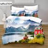 Комплект постельного белья с рисунком «Озеро» из микрофибры, комплект постельного белья с рисунком «Природный пейзаж», узор «Горный красный дом», размер King Size, мягкий, 2/3 шт., пододеяльник