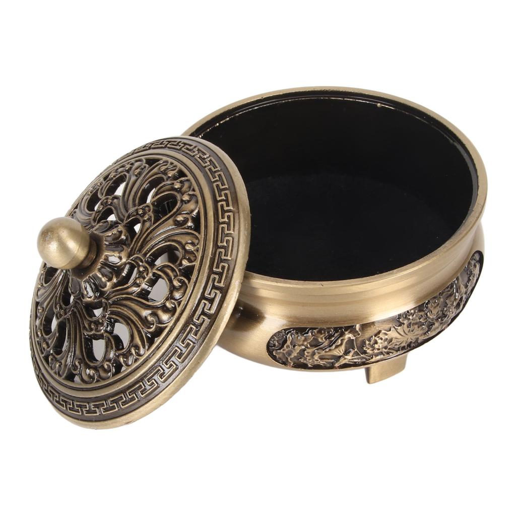 Coil Incense Burner with Lid Antique Beautifully Carved Electroplating Zinc Alloy Incense Burner