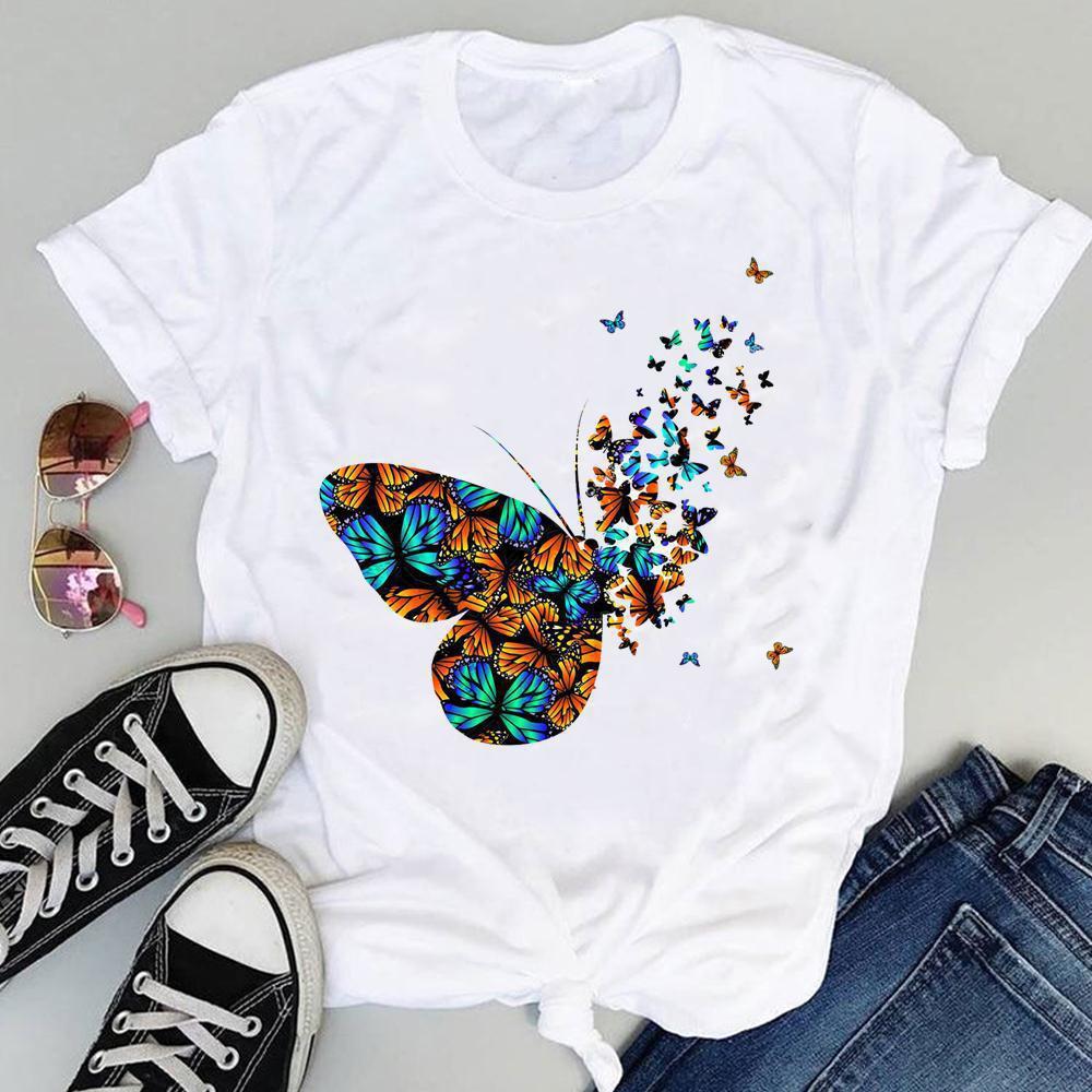 Summer New Shortsleeved Tshirt with Swan and Butterfly Print Patterns Roundneck Top Made of Modal Fabric Women Clothing