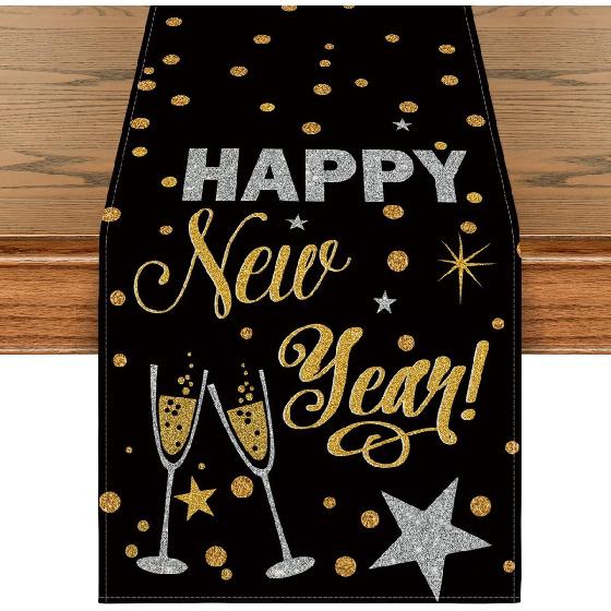 Artoid Mode Cheers Black and Gold 2025 Happy New Year Table Runner, Xmas Winter Holiday Kitchen Dining Table Decoration for Indoor Outdoor Home Party