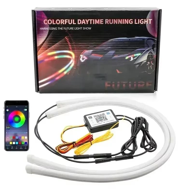 60cm RGB 12V DRL Daytime Running Light APP/RF Remote Control Flowing Turn Signal Lamp LED Headlight Strips For Car Accessory 12V
