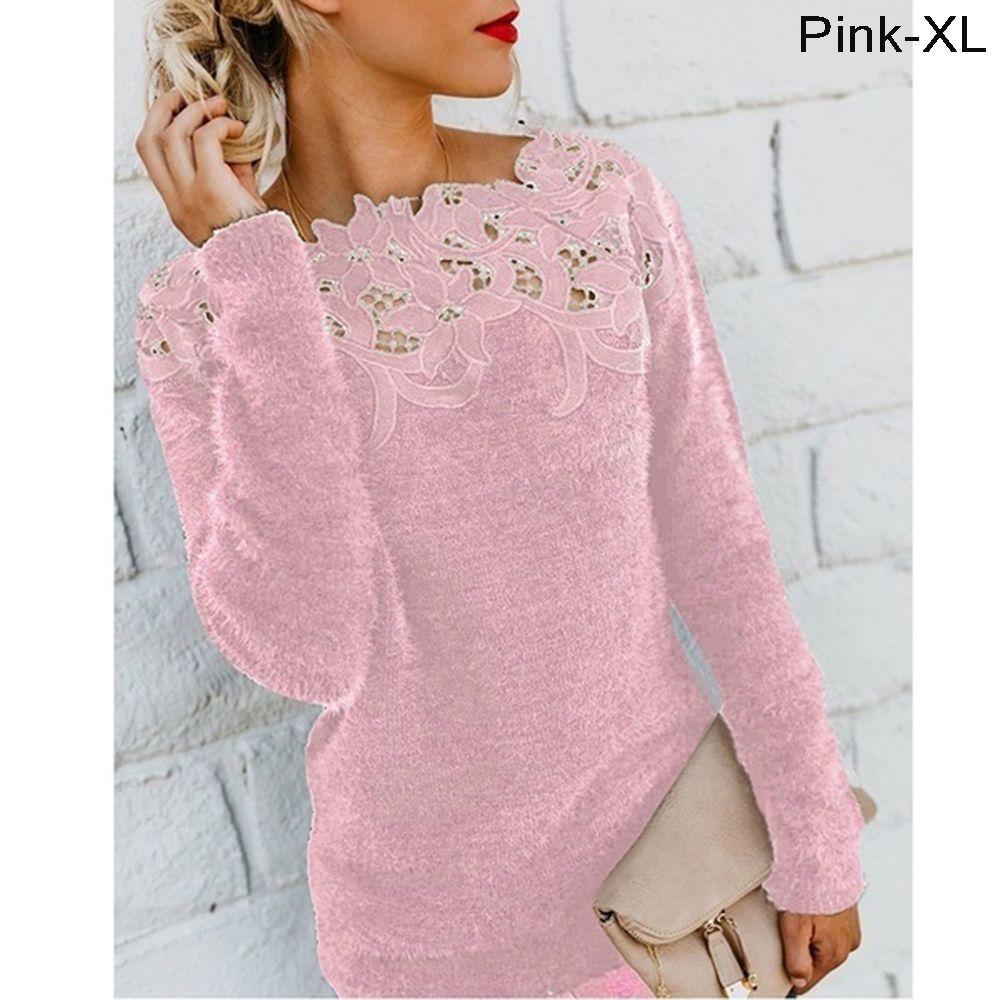 Round Neck Plus Size Lace Warm Plush Pullovers Jumpers Sttiching Tops Knitted Sweater