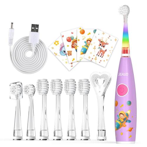 Seago Children's Electric Toothbrush for Toddlers and Elementary School Students Ages 0-6, Includes 8 Replacement Brushes, 2-Minute Timer, DIY Sticker