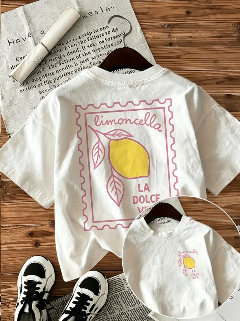 Limoncello Lemon Stamp Print T-shirt Italian Positano Graphic Double Sided Short Sleeve Tops Women Casual Streetwear Daily Tee