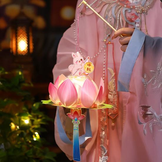 Lotus Lantern Handheld Spring Festival Flower Lantern DIY Lotus Rabbit Lamp for Hanfu Cosplay Wedding Chinese New Year Decor