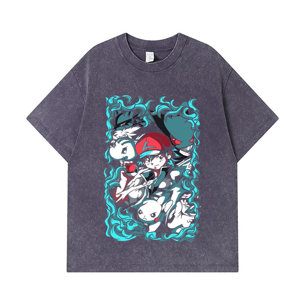 Стиранные футболки 275 г/м² 100% Хлопок Печать Pokemon V26 Унисекс Футболка из плотного хлопка