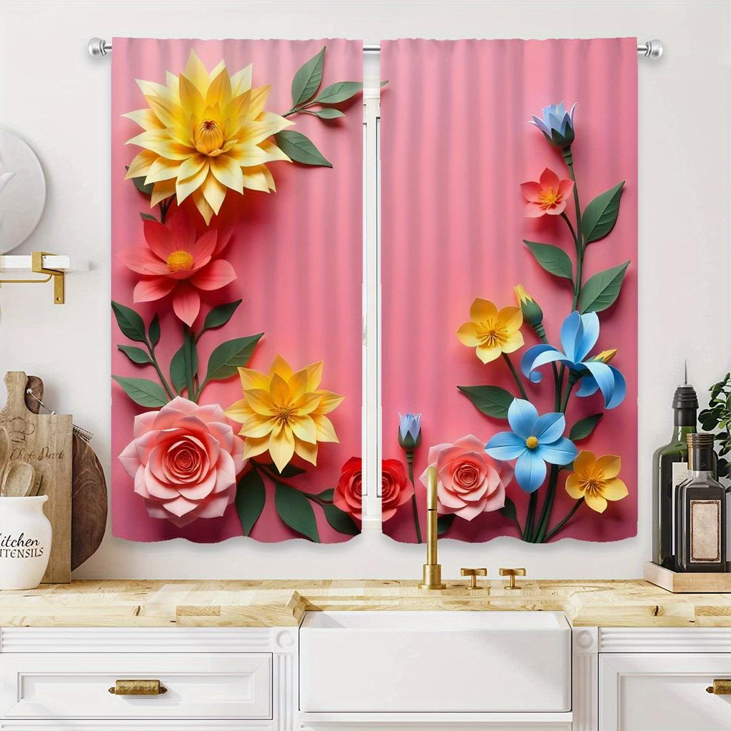 2pcs Vibrant Floral Print Curtains - Pink with Yellow, Red, Blue, Orange & Green Flowers and Leaves, Rod Pocket Design for Easy