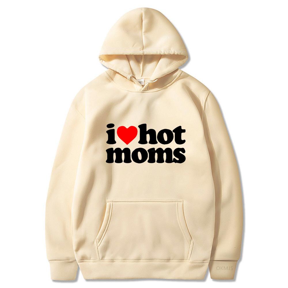 Толстовки унисекс с капюшоном I Love Hot Moms, забавные толстовки с красным сердцем Love Moms, женская толстовка унисекс, повседневный пуловер большого размера, одежда унисекс