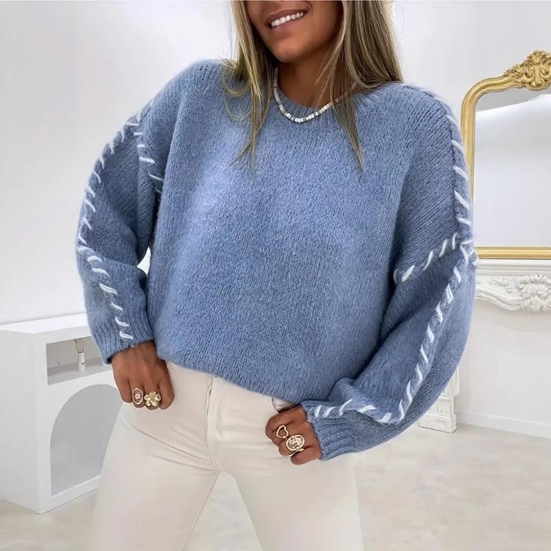 Women S Long Sleeve Solid Color Round Neck Pullover Knit Sweater
