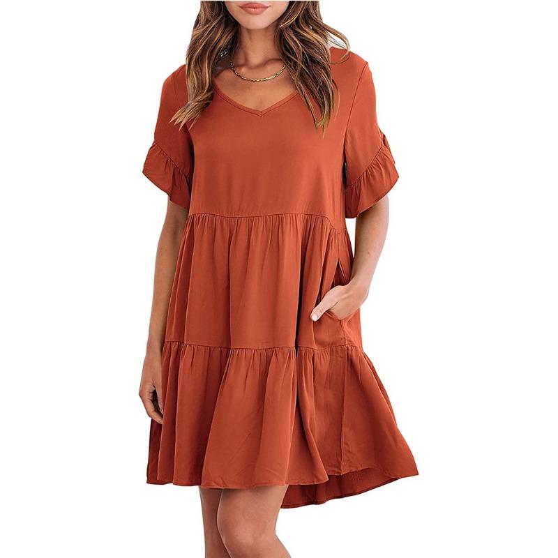 Women's Dress Summer Casual V-Neck Babydoll Pleated Dresses