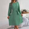 Women Fashion Spring And Summer New Casual Long Sleeve Floral Large Hem Pleated Dress
