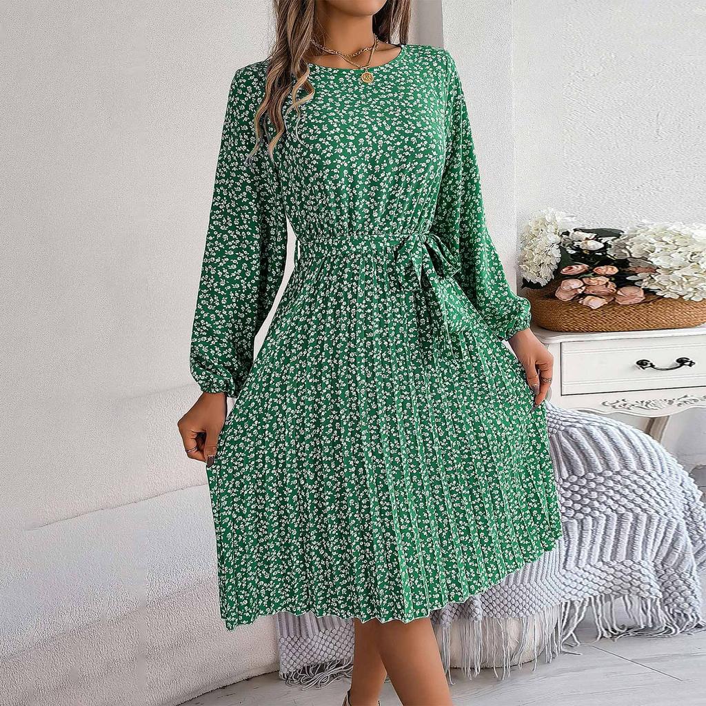 Women Fashion Spring And Summer New Casual Long Sleeve Floral Large Hem Pleated Dress