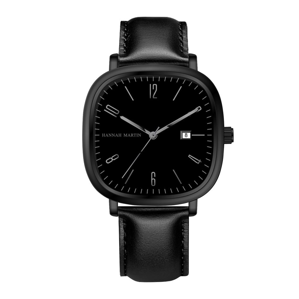 Hannah Martin Brand Men Watch 3Bar Waterproof Black Leather Square Quartz Movement Business Clock Casual Dropshipping Wristwatch