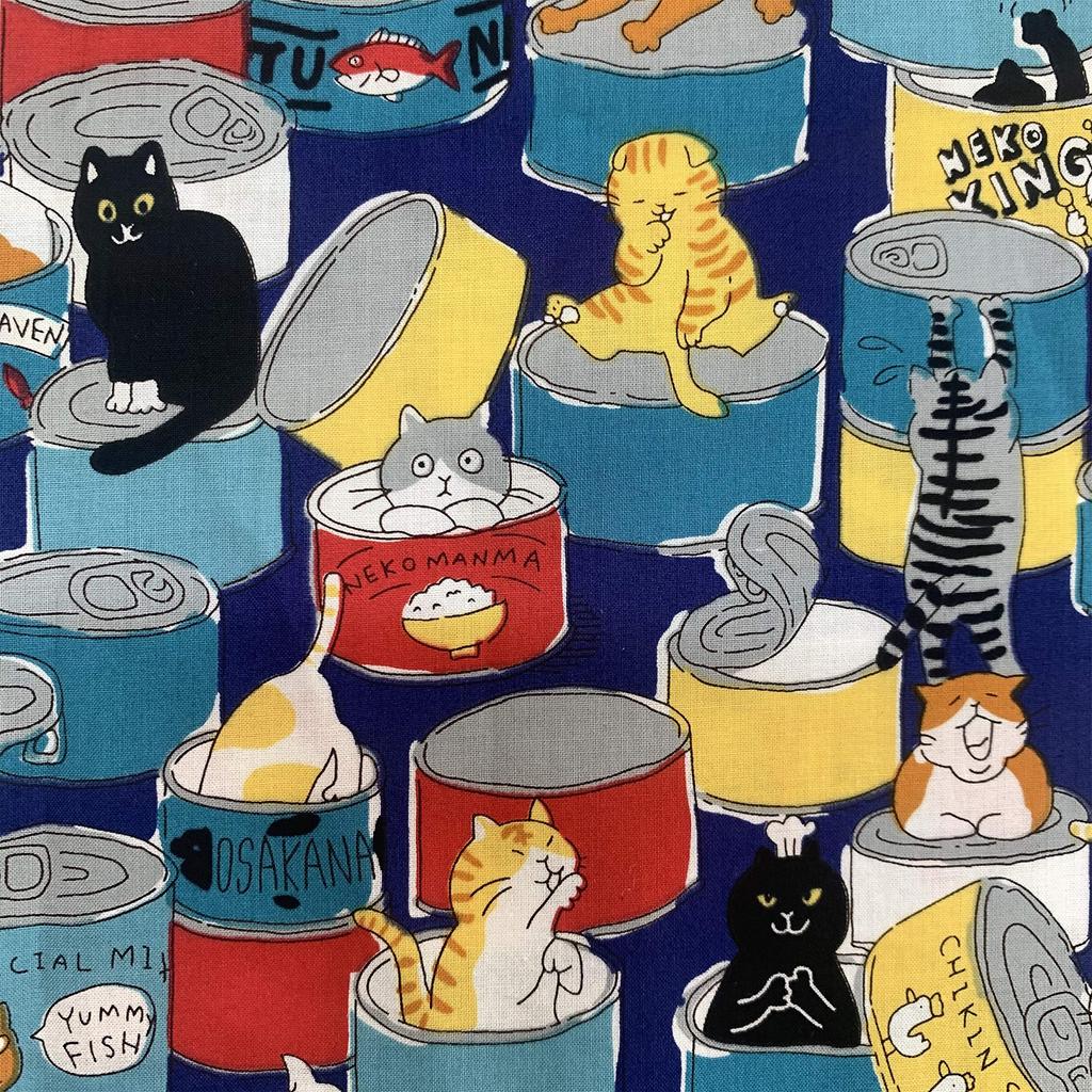 Cotton Cute Cat Print Fabric for Handmade and 150cm Plain Weave Navy 100% Patchwork, Clothes, Crafts, Wide, (Dark Background, 200cm)