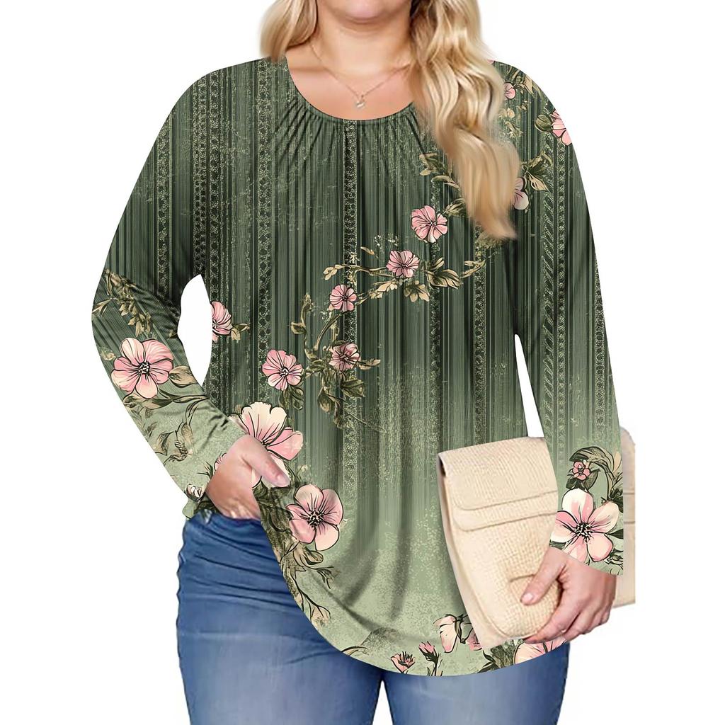 Женский модный топ большого размера с принтом, повседневный плиссированный, с круглым вырезом и длинными рукавами