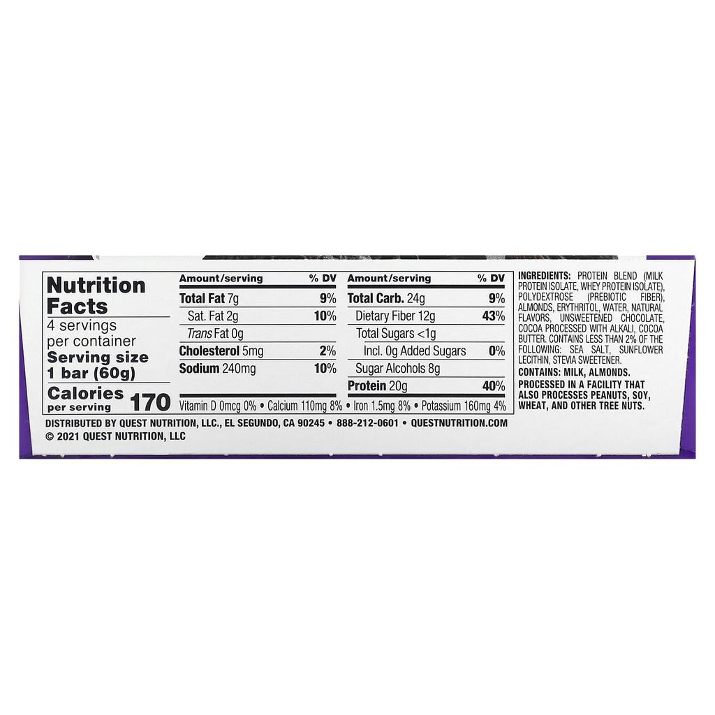 Quest Nutrition Protein Bar, Double Chocolate Chunk, 4 Bars, 2.12 Oz (60 G) Each