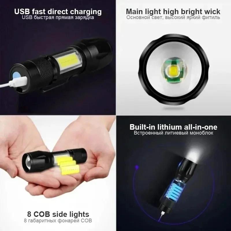 KDULIT Mini Portable Flashlight COB+XPE Zoomable Torch USB Rechargeable Outdoor Camping Fishing Long Range Emergency Lantern