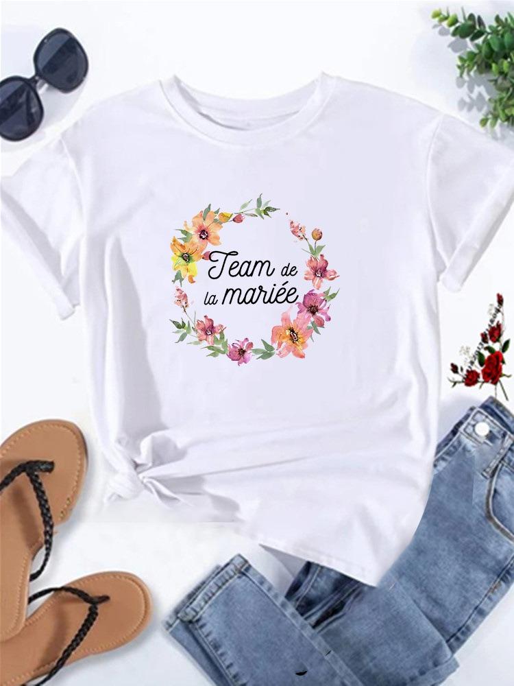 Floral Wreath French Bridal Team Womens TShirt Future Marie Printed Short Sleeve Casual Top Bachelorette Party Gift