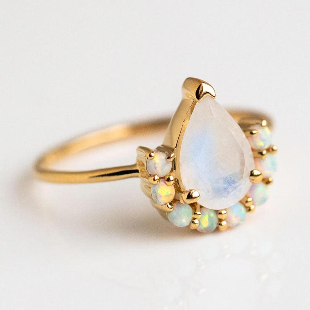 Pear Moonstone Ring with Opal Halo – Nature Inspired Gold Plated Boho Engagement Ring, Unique Promise Anniversary Gift for Women