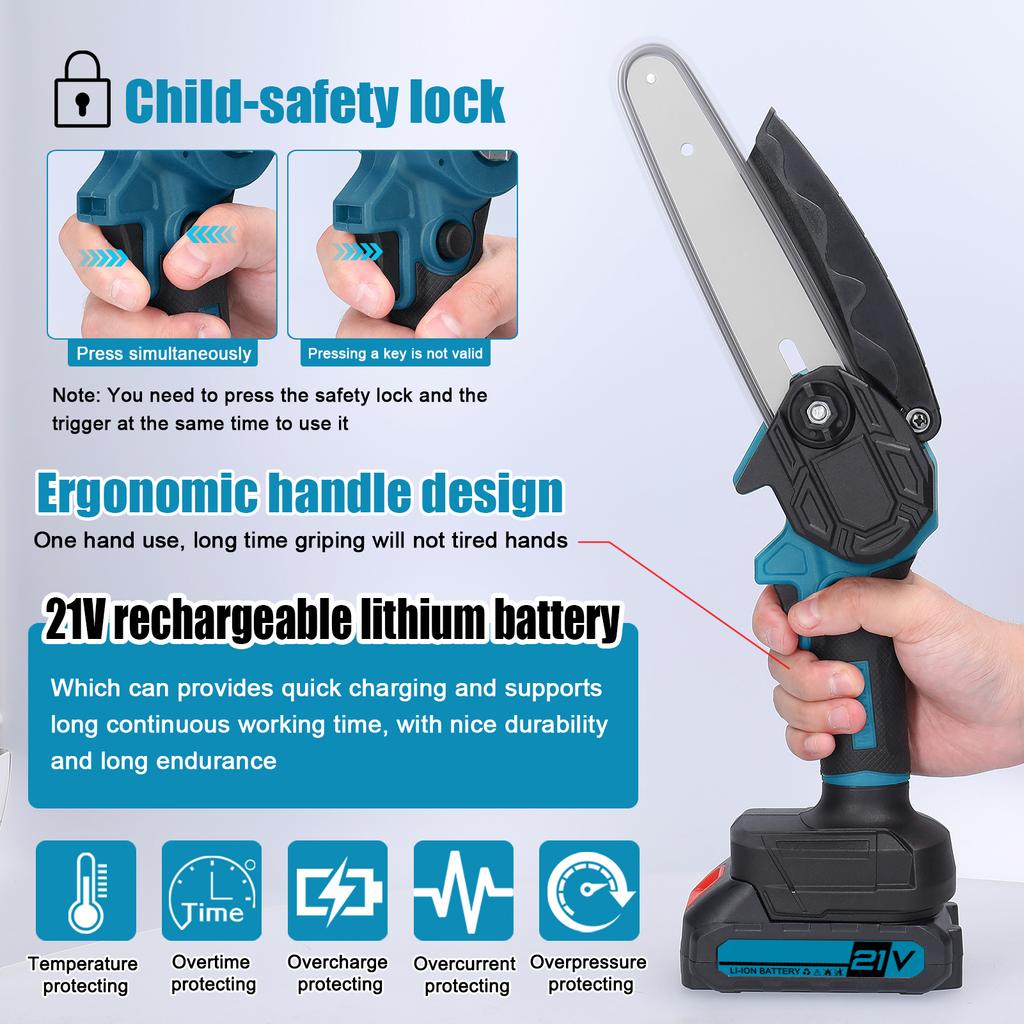 21 В 6-дюймовые портативные электрические обрезные пилы, маленькая бензопила для раскалывания древесины, щеточный двигатель, одна рука