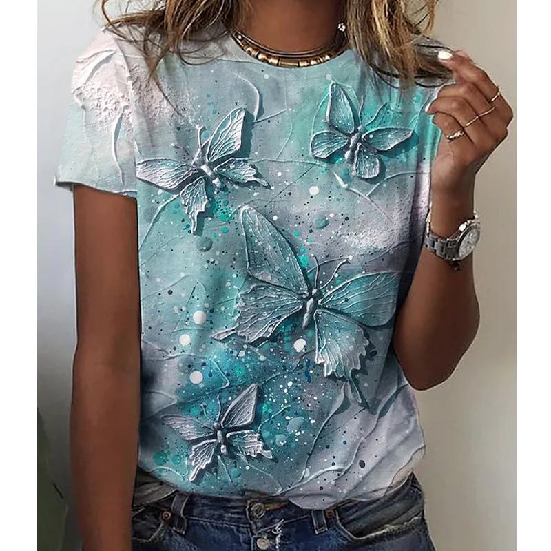 Women Summer T Shirt Trend Butterfly Print Retro Fashion Short Sleeve Tees Casual Printed Tops