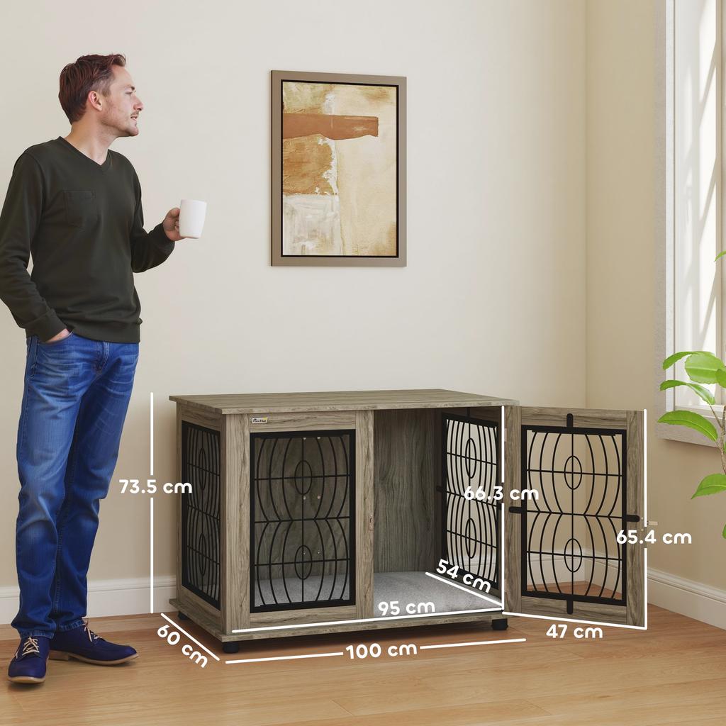 Indoor Dog Crate Furniture End Table With Soft Washable Cushion Lockable Front Door For Large Dogs Grey