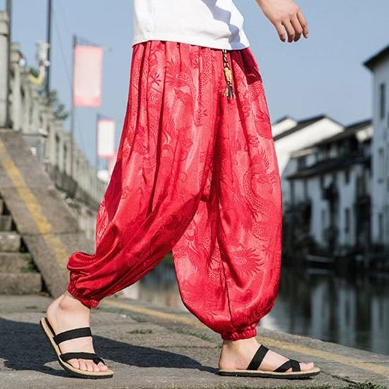 Мужские Брюки Фонарики Хиппи Бохо Широкие С Принтом Дракона Свободные С манжетой на щиколотке Мягкие Дышащие Шаровары Длинные Брюки для Йоги