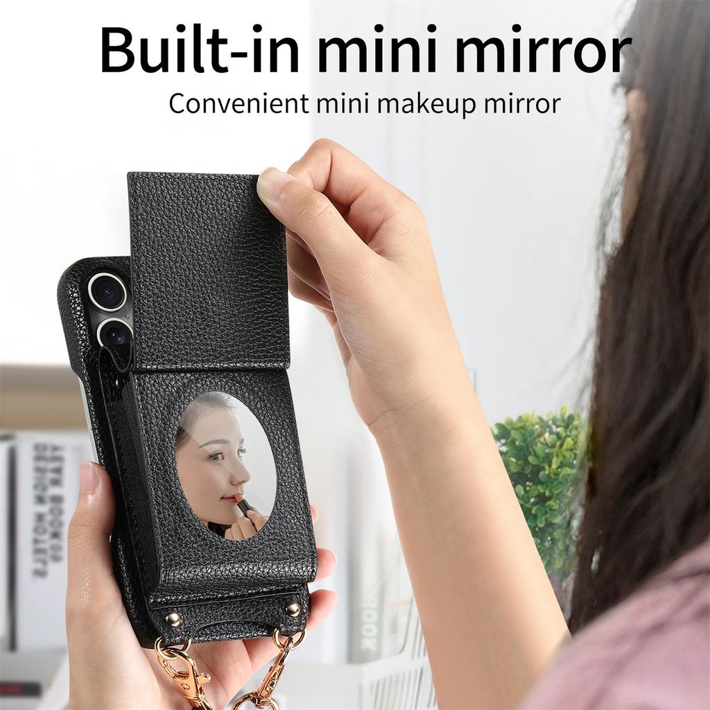 Чехол для iPhone 16 с зеркалом, держателем для карт, кожаной задней крышкой телефона с текстурой личи и длинным ремешком