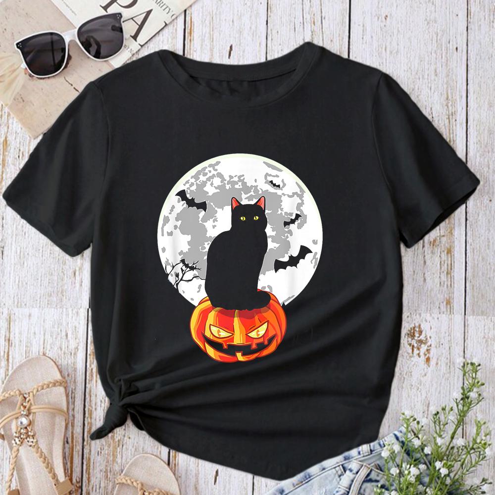 Хэллоуин, милая ведьма, черная кошка, шляпа ведьмы, тыква для детей, футболка для девочек, повседневные повседневные летние футболки с круглым вырезом, уличная одежда, футболки