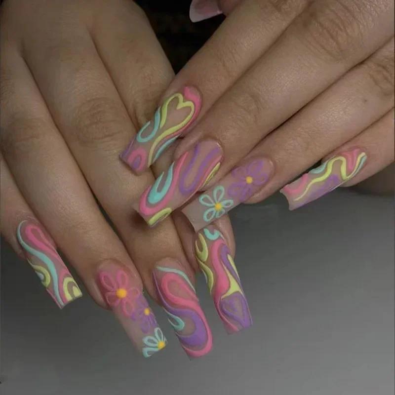 24Pcs Long Coffin False Nails with Love Rhinestone Design Pink French Ballet Fake Nails Manicure Tips Wearable Press on Nails