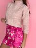 Fashionable warm women' sweater, short crop, turtleneck, braids, pink