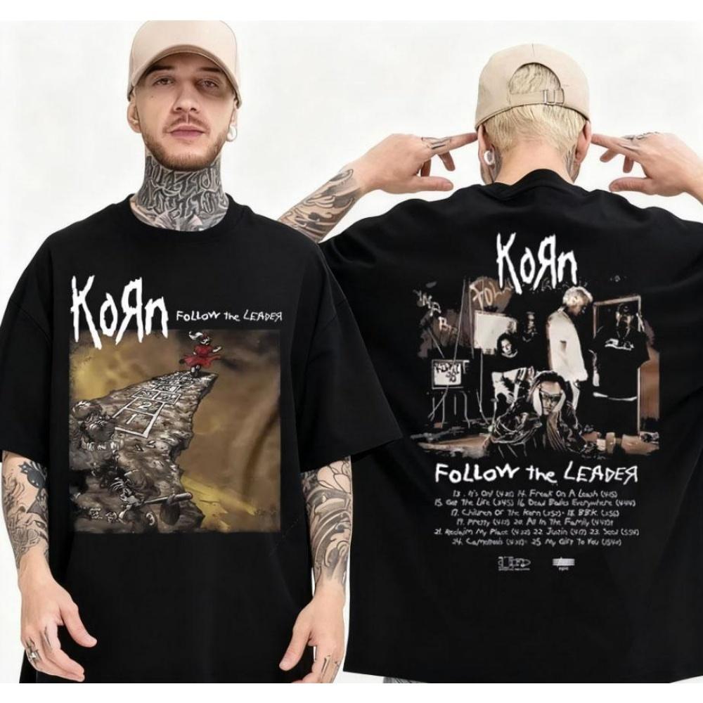 Летняя футболка 2025 года с графическим принтом рок-группы Korn Follow The Leader Редкая футболка в стиле Nu Metal Мужская Готическая Ретро Хлопковая Свободная футболка