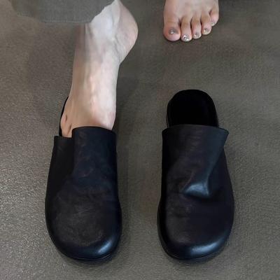 Мягкая овчина~ Ленивые кожаные сандалии-мюли на одной педали женские летние черные для работы, универсальные