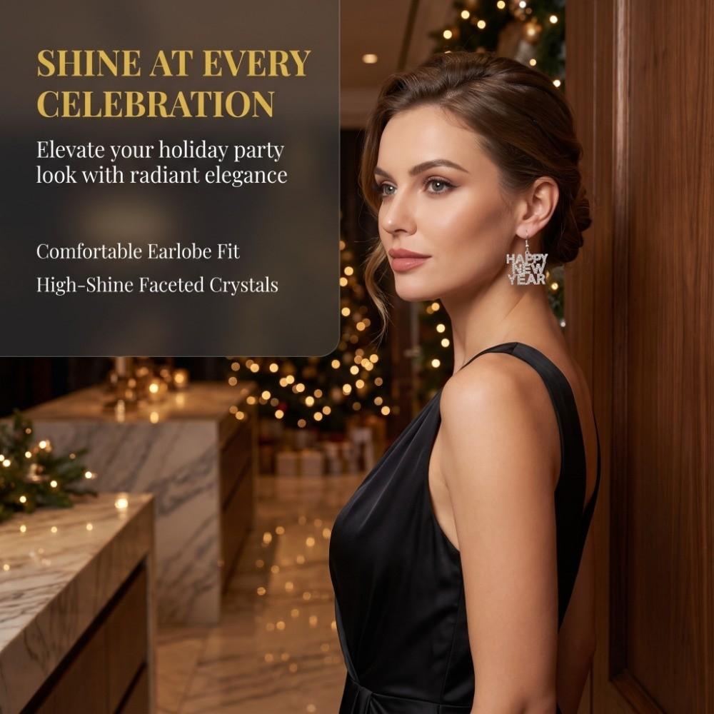 Sparkling Rhinestone Decor Happy New Year Earrings Elegant Stud Earrings Letter Earrings Christmas