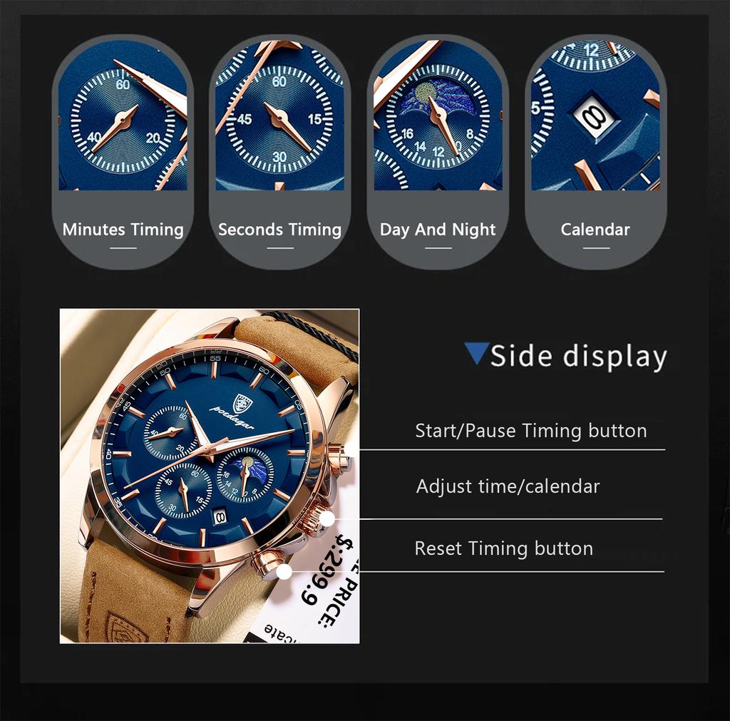 POEDAGAR Top Fashion Men Clock Luminous Waterproof Leather Quartz Man Watch Date Chronograph Business Men's Watches Reloj Hombre