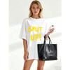 Oversized T-Shirt Black Shut Up Text Print Casual Streetwear Fashion Top For Women And Girls Summer Outfit Statement Tee
