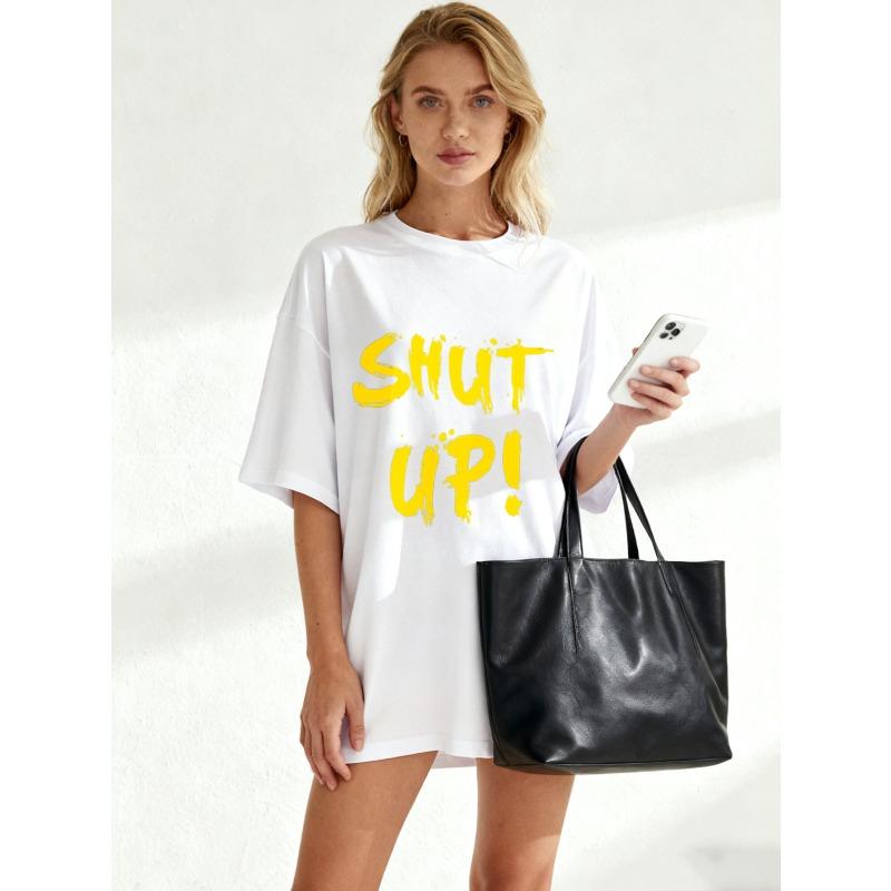 Oversized T-Shirt Black Shut Up Text Print Casual Streetwear Fashion Top For Women And Girls Summer Outfit Statement Tee