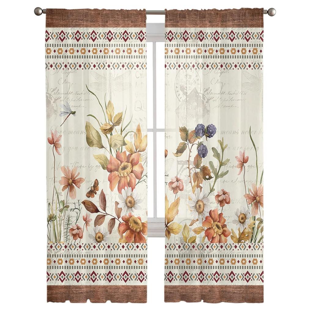 Autumn Plant Flowers Pastoral Style Retro Bedroom Transparent Sheer Curtains Holiday Decoration Window Voile Tulle Curtain