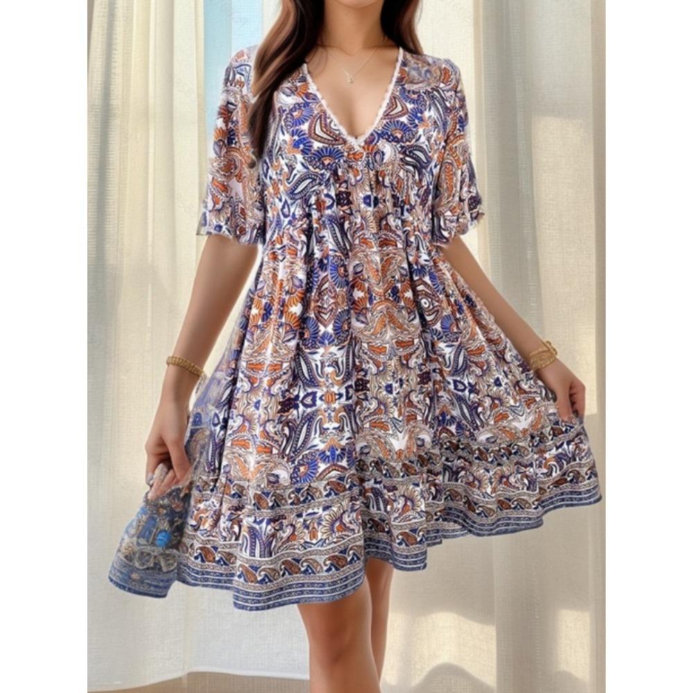JPNTKY Women's Fashion Summer Spring Floral Print Short Sleeve V-Neck Casual Dresses