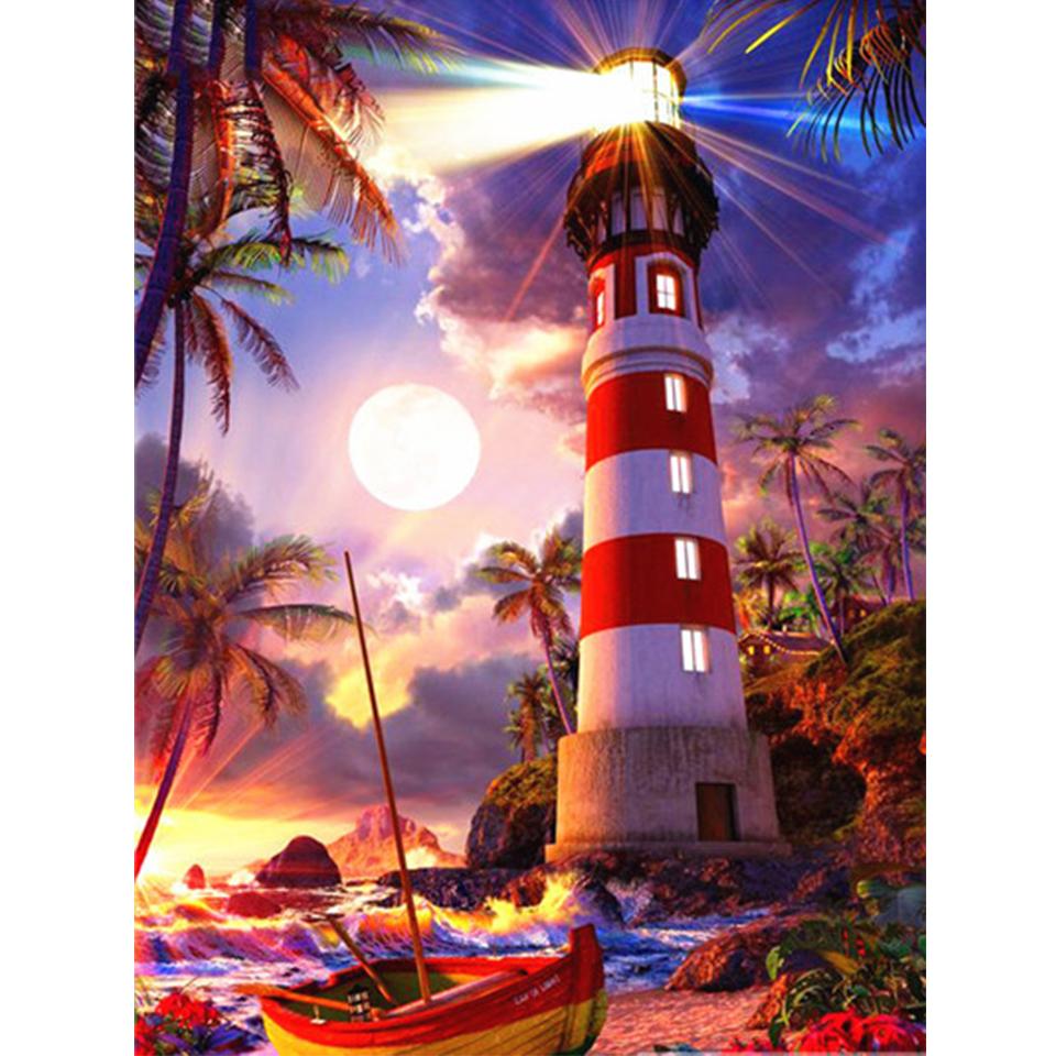 5D DIY Diamond Painting Landscape Rhinestone Cross Stitch Kit Diamond Embroidery Coastal Lighthouse Mosaic Picture Decoration