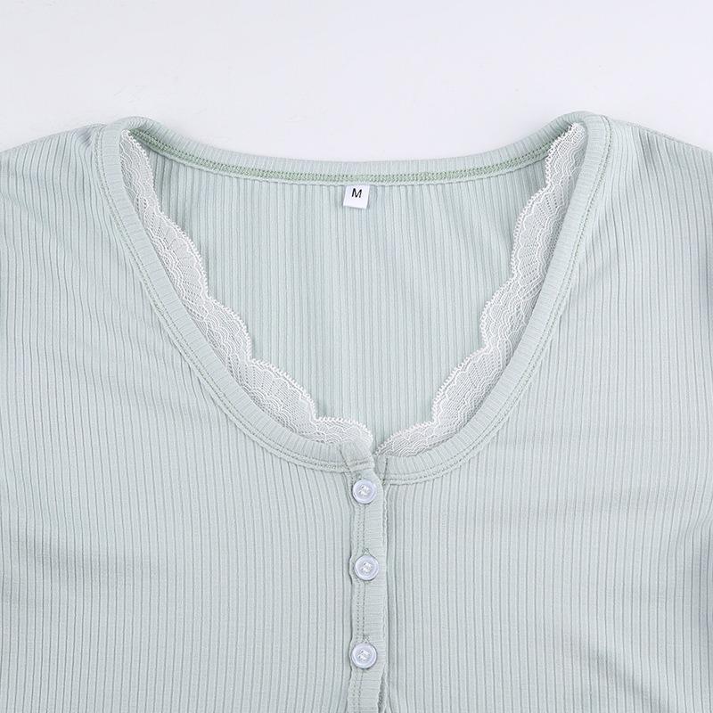 Y2K Lace Trim Patchwork Button Knitted Crop Top Cute Long Sleeve V Neck T-Shirt Korean Chic Harajuku Pullovers Autumn Winter New