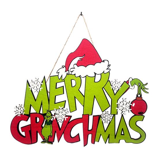 Christmas Hanging Sign Wooden Seasonal Door Wall Sign Santa Hat Green Elf Holiday Decor