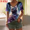 S-8XL Большие размеры Летняя женская футболка с принтом 3D Cat Повседневная мода с коротким рукавом Топы Смешные повседневные футболки с V-образным вырезом для женщин