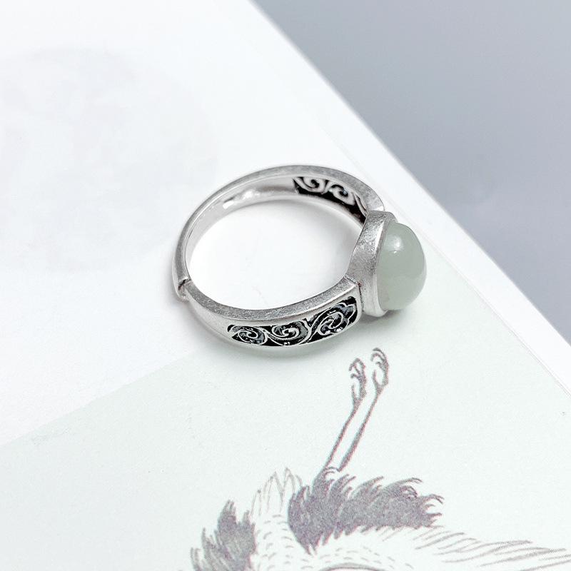 Elegant Openwork 925 Sterling Silver Hetian Jade Cabochon Ring for Men and Women - Light Surface Index Finger Ring