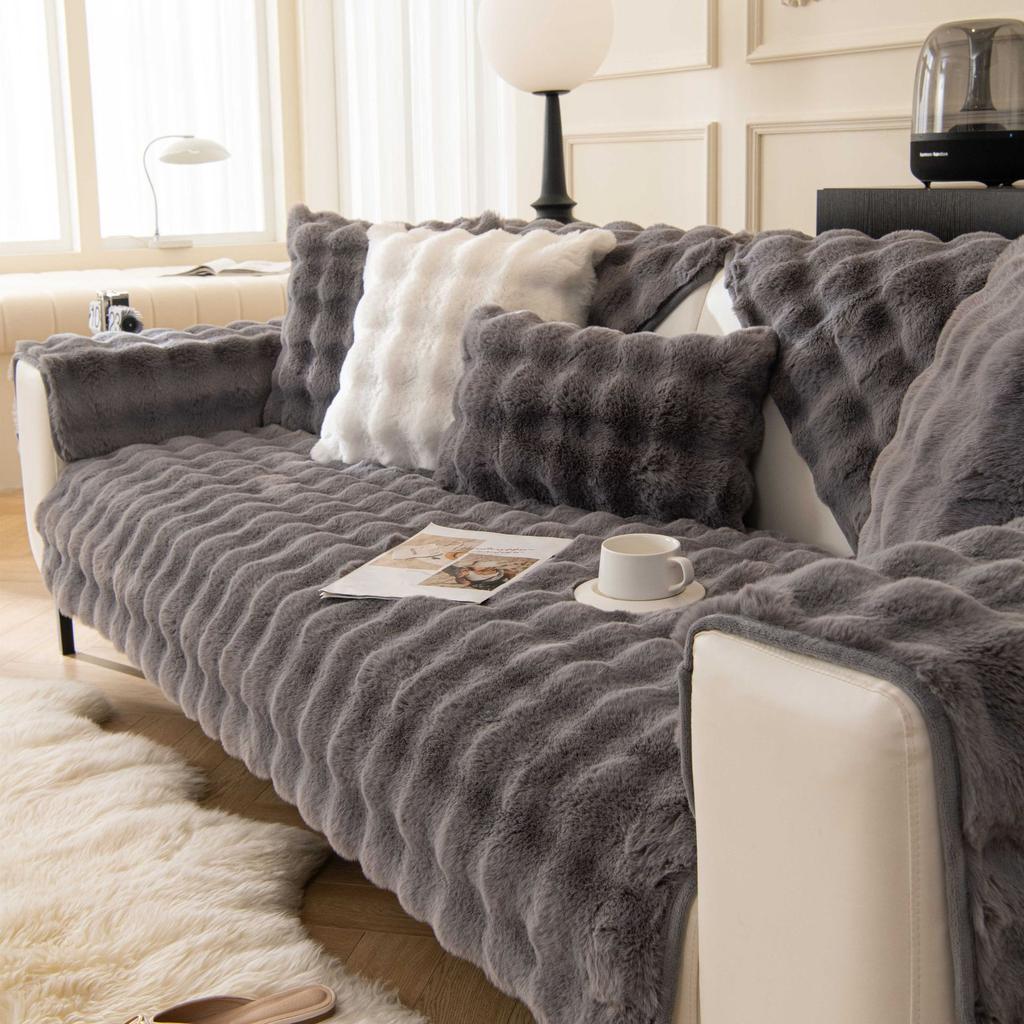 Плюшевая подушка для дивана с кошкой и кроликом, зимняя утолщенная, минималистичная, теплая, нескользящая крышка для дивана, плюшевый чехол, полотенце