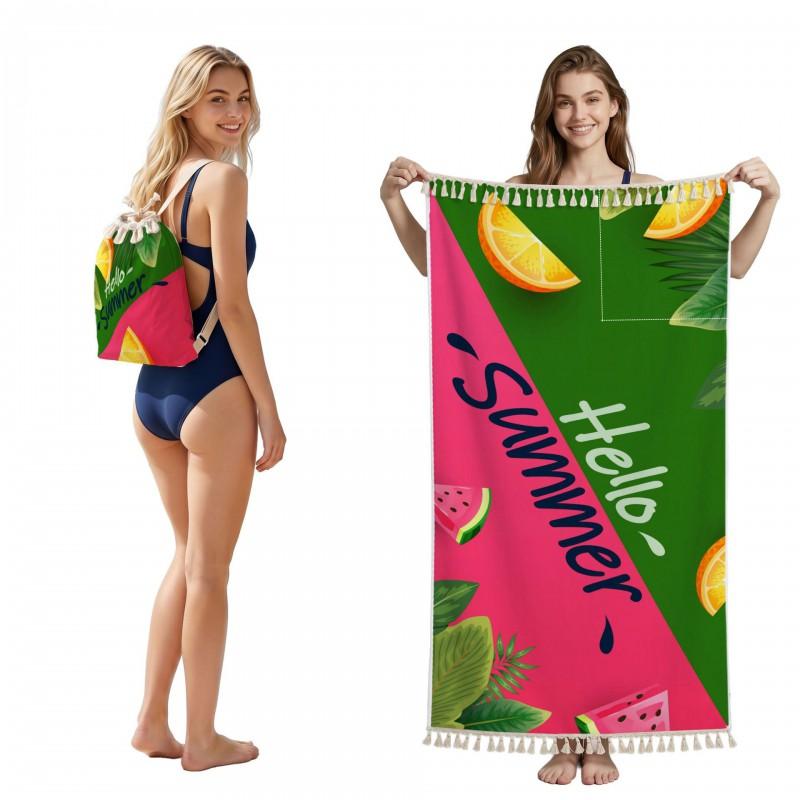 Quick-Dry Beach Towel With Sea Turtle Coral Fringe Design Foldable Portable Storage Bag Bath