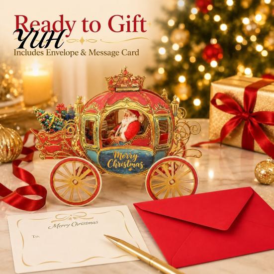 Handmade Style Greeting Cards 3D Christmas Carriage Pop Up Card, Vintage Santa on Festive Party Supplies Sleigh Tabletop Decoration, Holiday Card with