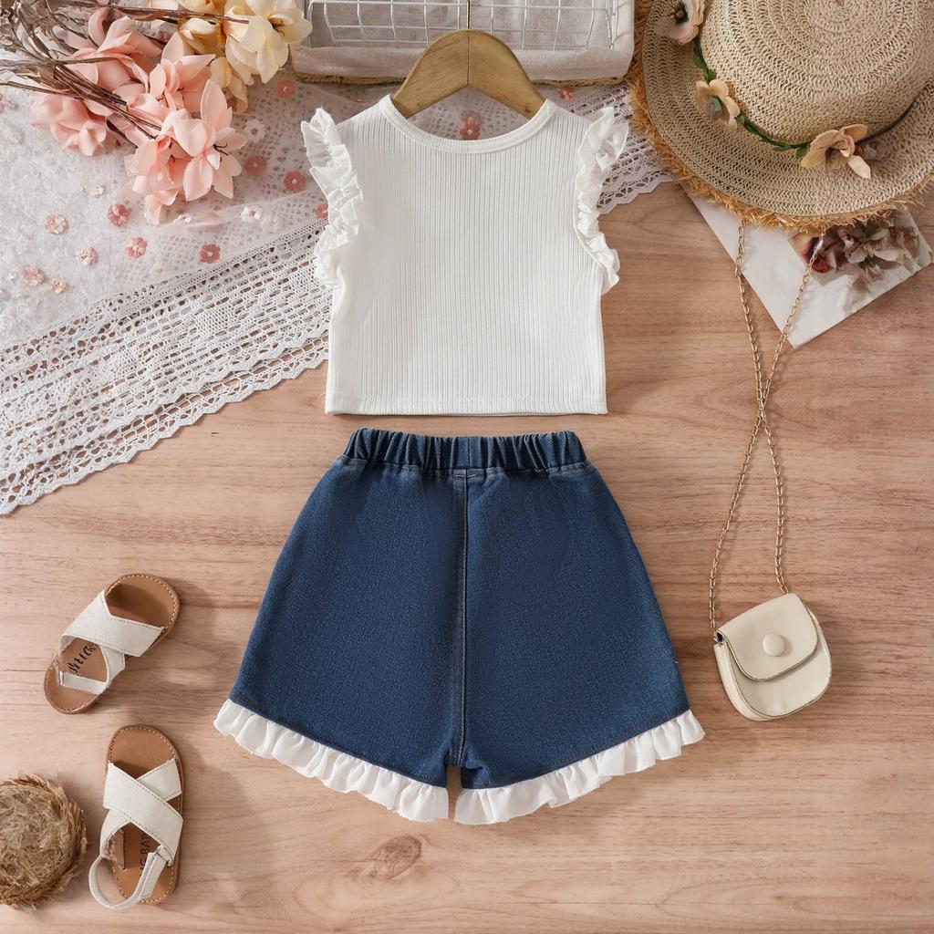 Летний комплект для девочек: топ без рукавов с оборками и джинсовые шорты