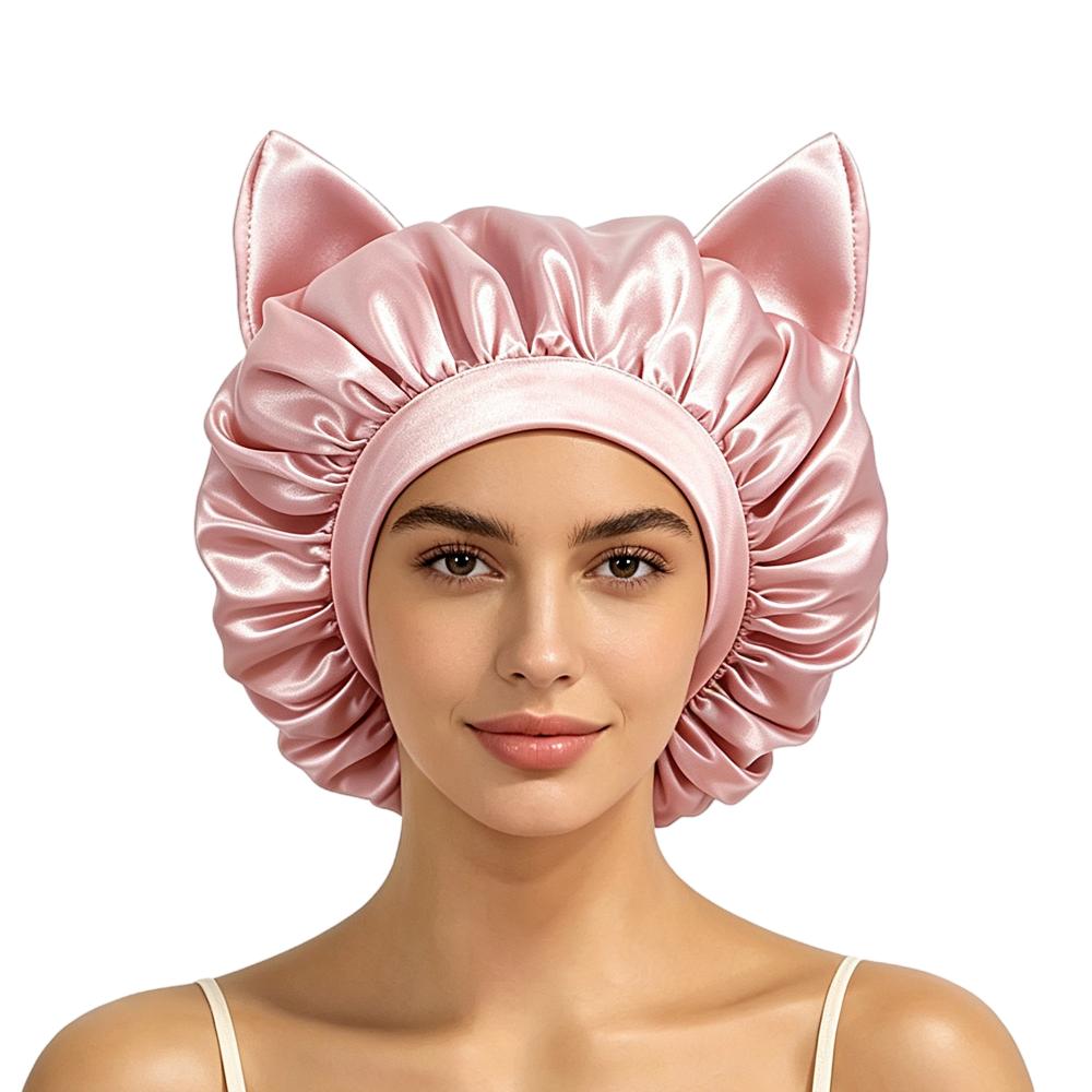 Elastic Band Cat Ear Sleep Cap Breathable Hair Protection Hat New Satin Hair Bonnet Night Sleep